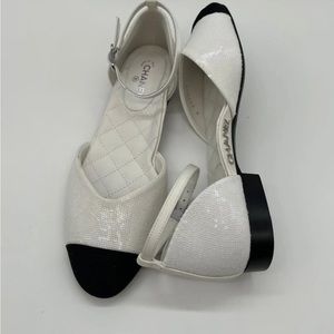 Chanel 20S White Ivory Black Sequin CC Mary Jane Ankle Strap Sz: 6.5, 9, 11, 12